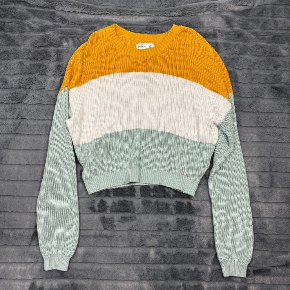 Hollister Womens Colorblock Cropped Knit Sweater Yellow White Green Medium